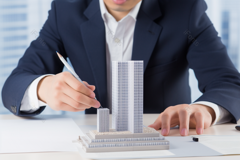 金融贸易炒房科技商务西装男人桌面一只手拿笔图画楼房模型实拍,高清,摄影图,摄影图片,图片大全,摄影图免费下载